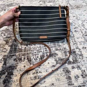 Fossil Fiona Small Black and White Striped Crossbody Bag with Brown Strap